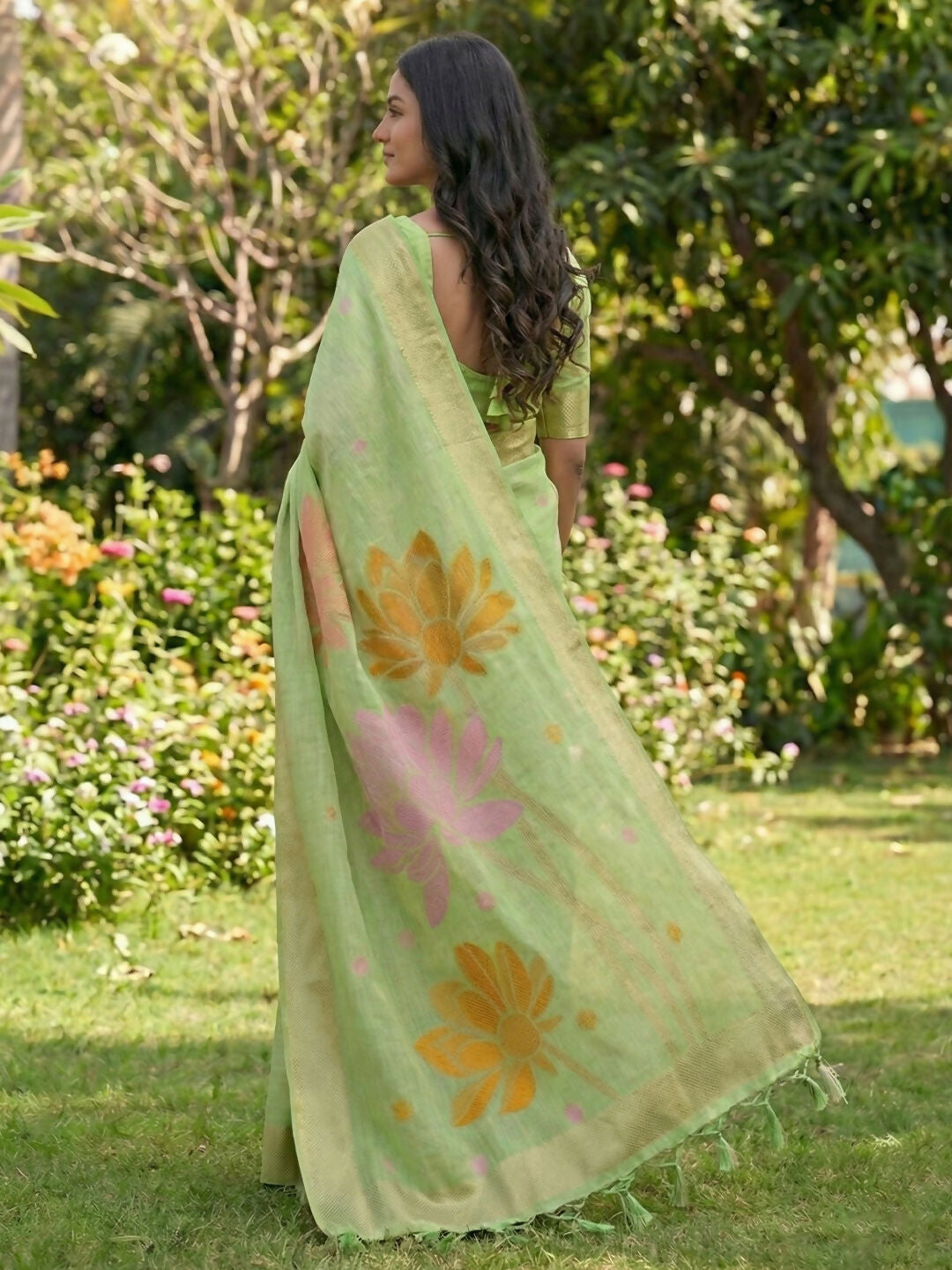 Shree Shyam Fashion Green Linen Cotton Saree - Distacart