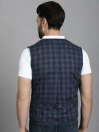 Even Apparels Checked Waistcoat With Welt Pockets - Navy Blue
