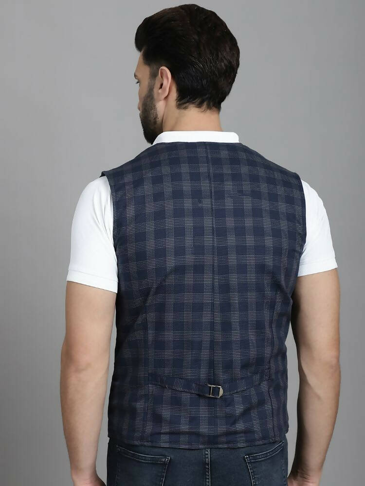 Even Apparels Checked Waistcoat With Welt Pockets - Navy Blue