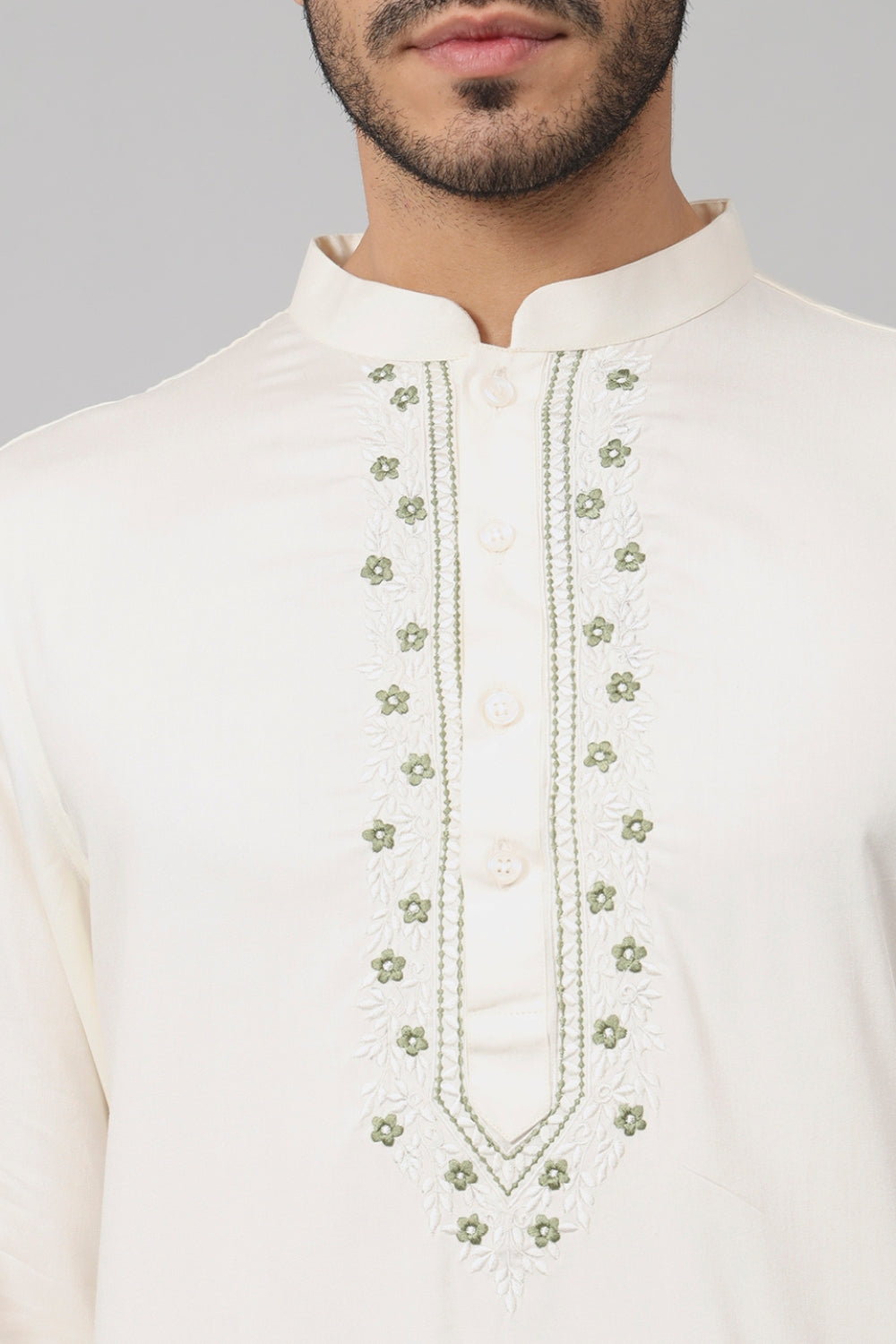 Floral Neckline Embroidered Cotton Kurta by Hilo Design