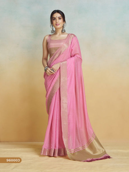 Anaita Pink Handloom Khadi Silk Zari Woven Work Saree With Blouse Piece