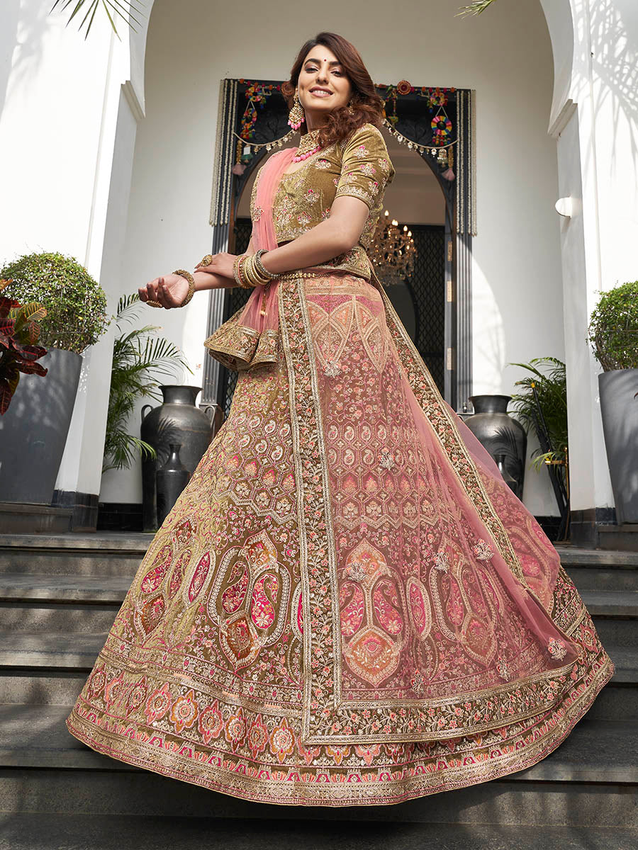 Myra Olive Green Velvet Embroidered Designer Lehenga