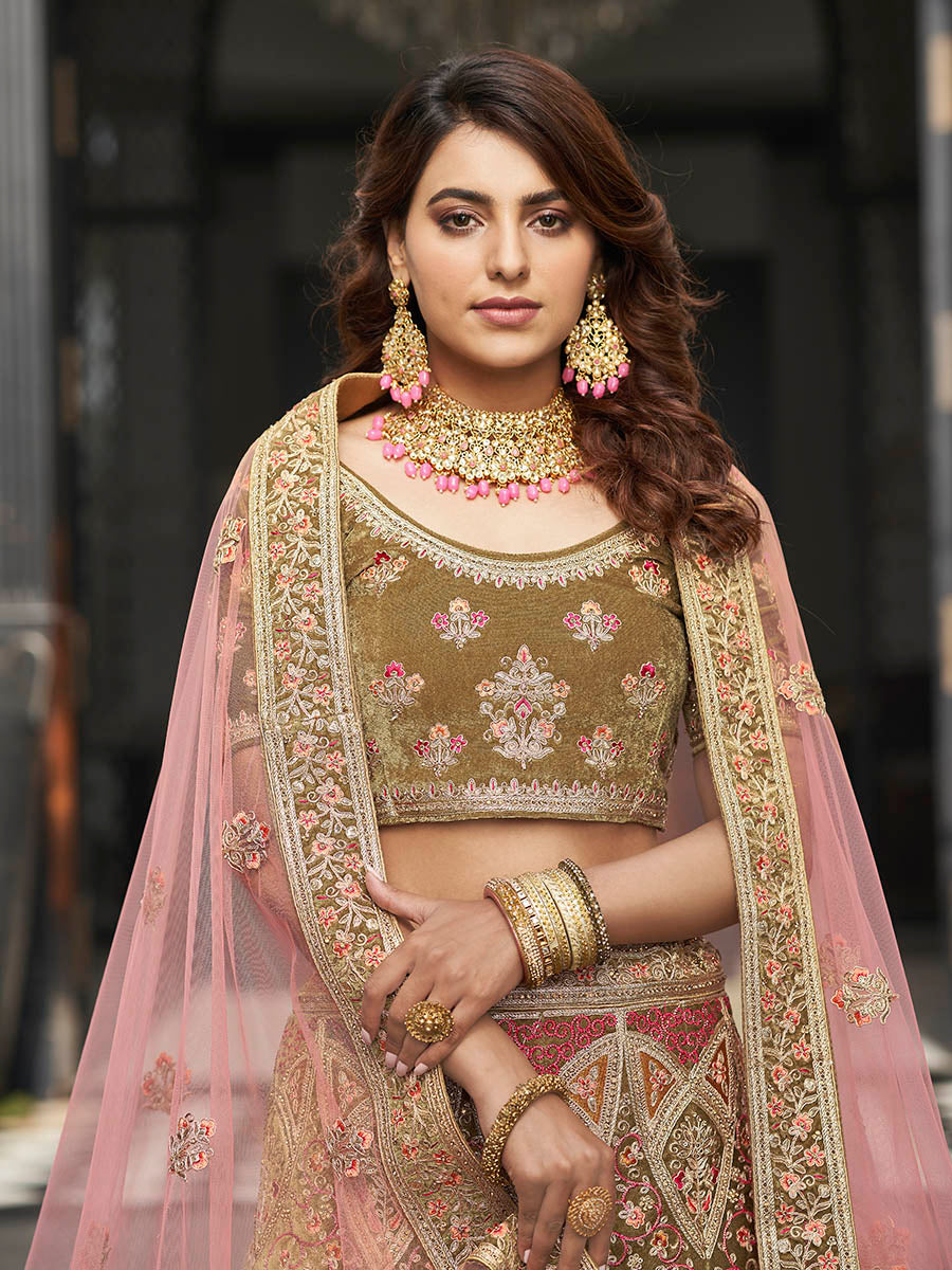Myra Olive Green Velvet Embroidered Designer Lehenga