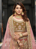 Myra Olive Green Velvet Embroidered Designer Lehenga