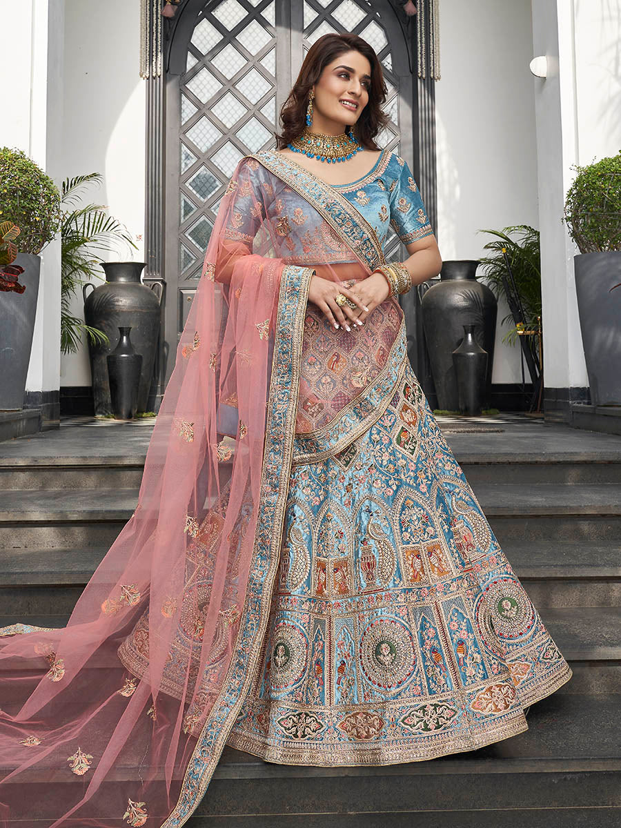 Myra Turquoise Velvet Embroidered Designer Lehenga
