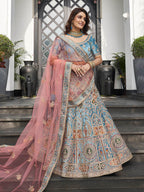 Myra Turquoise Velvet Embroidered Designer Lehenga