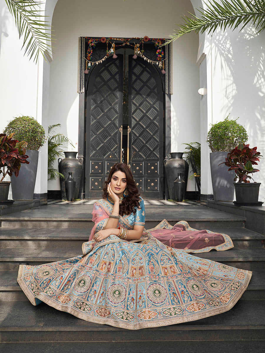 Myra Turquoise Velvet Embroidered Designer Lehenga