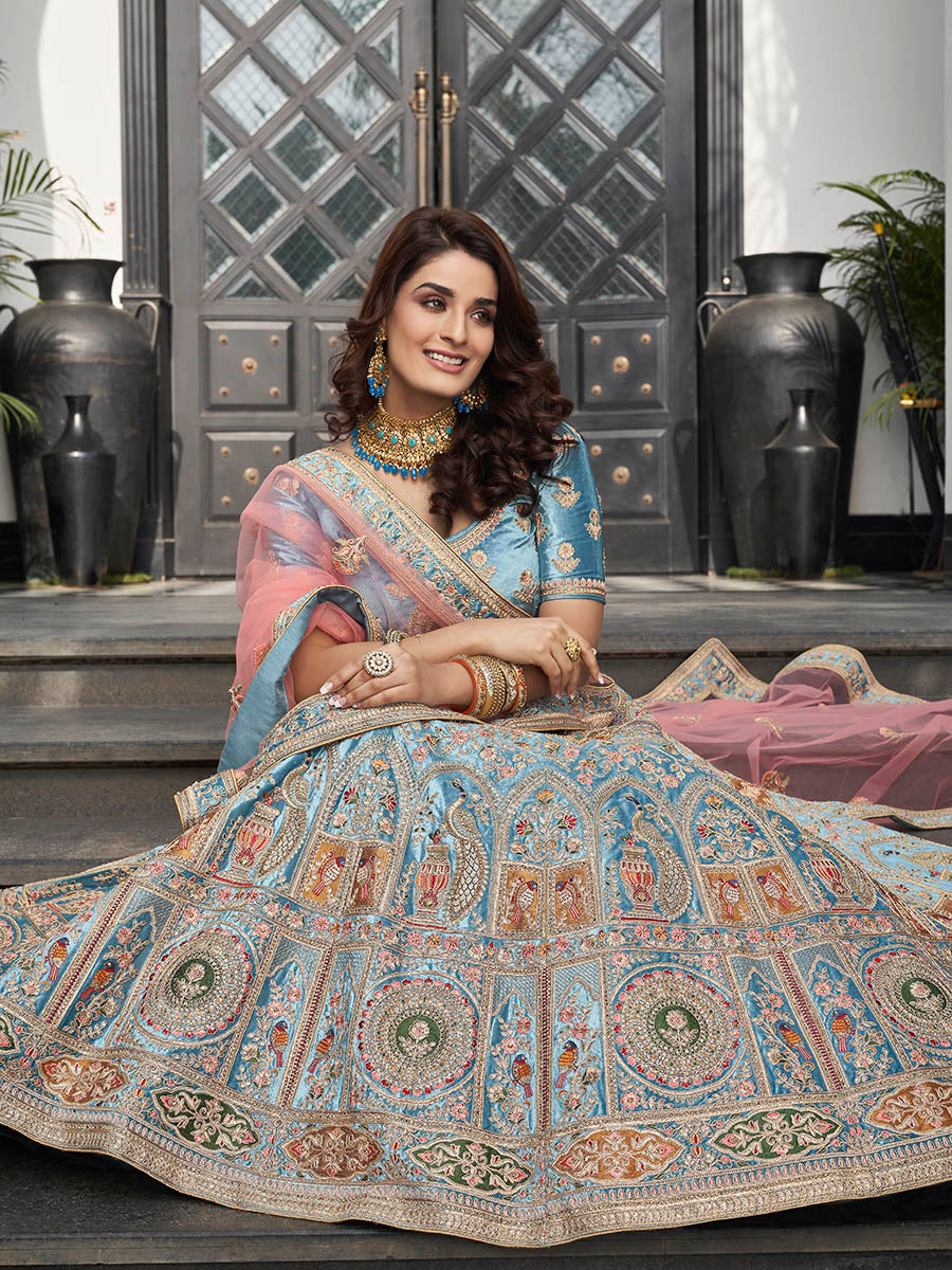 Myra Turquoise Velvet Embroidered Designer Lehenga