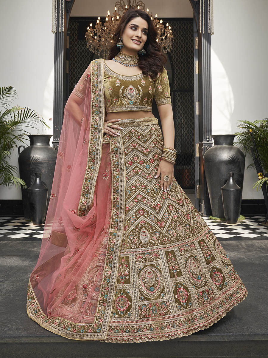 Myra Olive Green Velvet Embroidered Designer Lehenga