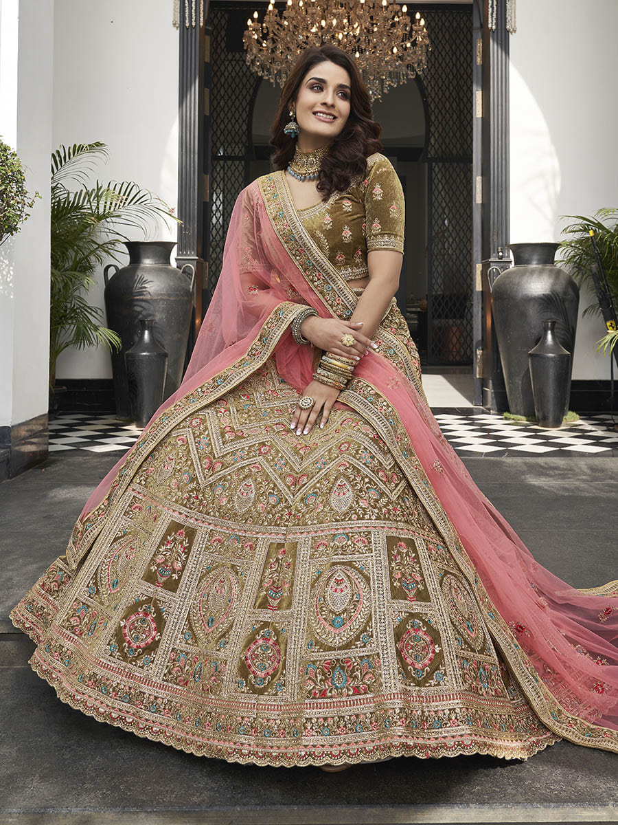 Myra Olive Green Velvet Embroidered Designer Lehenga