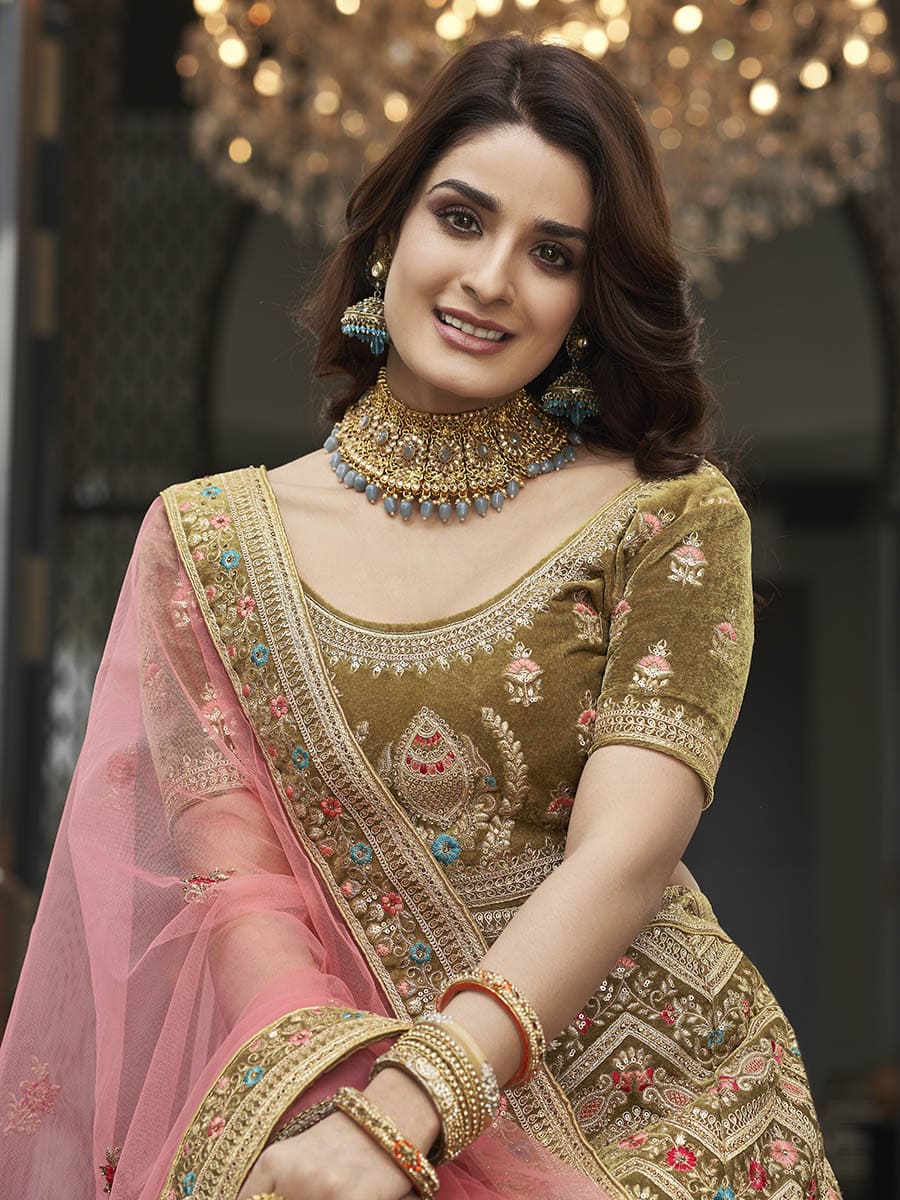 Myra Olive Green Velvet Embroidered Designer Lehenga