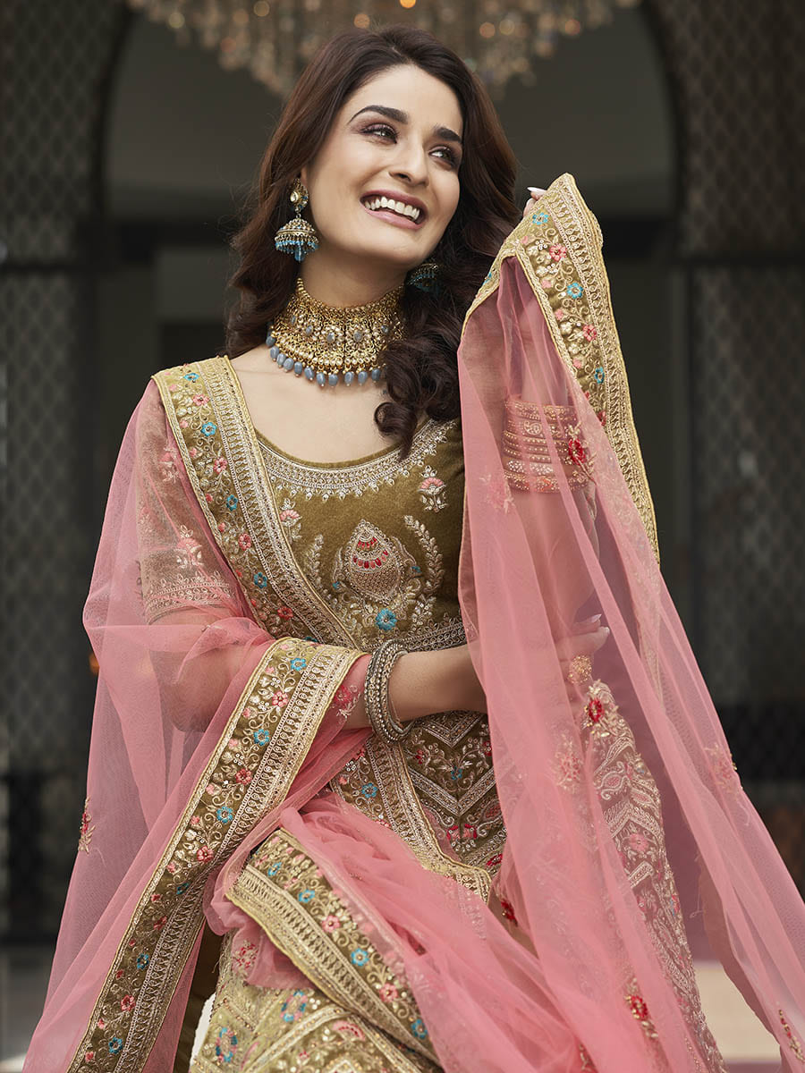 Myra Olive Green Velvet Embroidered Designer Lehenga
