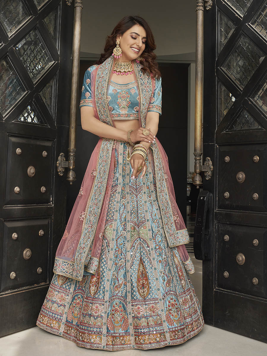 Myra Turquoise Velvet Embroidered Designer Lehenga