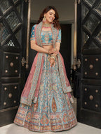 Myra Turquoise Velvet Embroidered Designer Lehenga