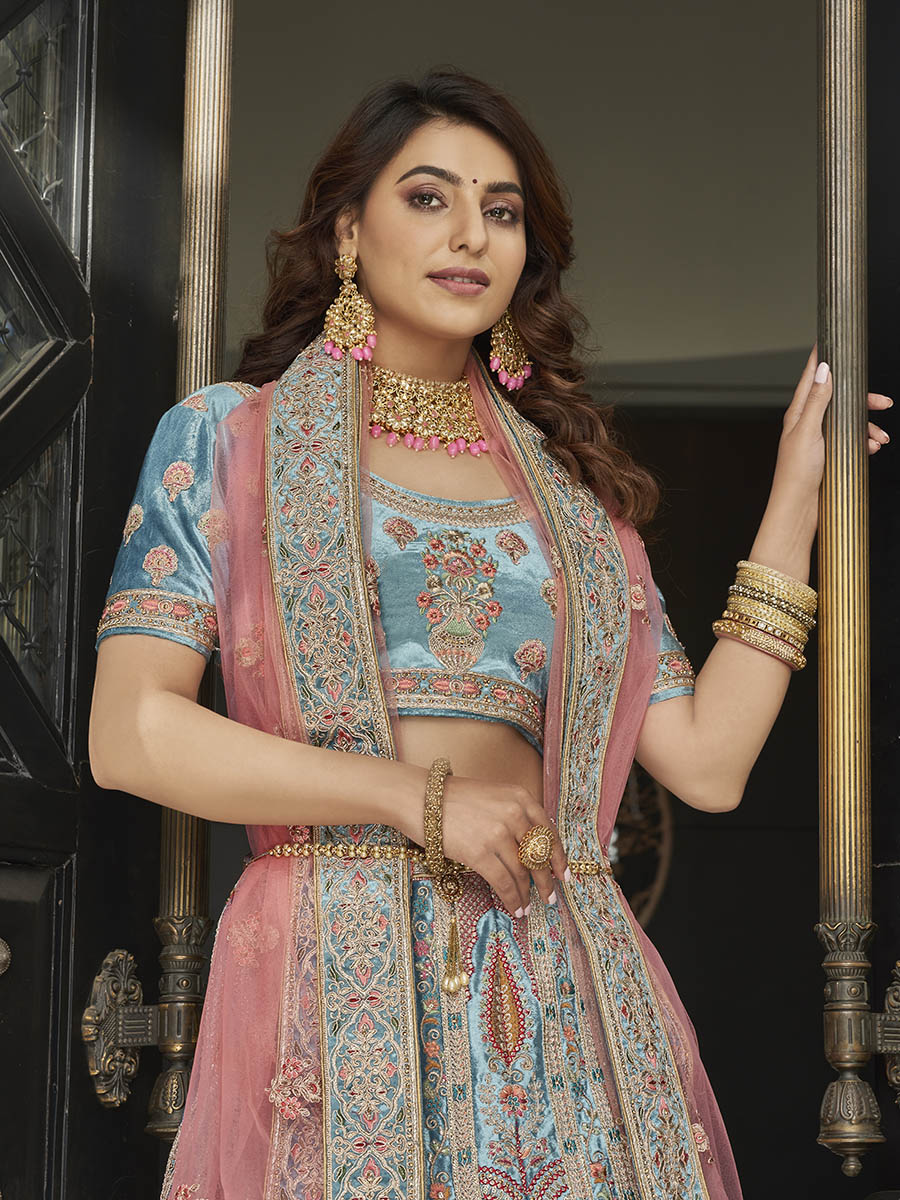 Myra Turquoise Velvet Embroidered Designer Lehenga