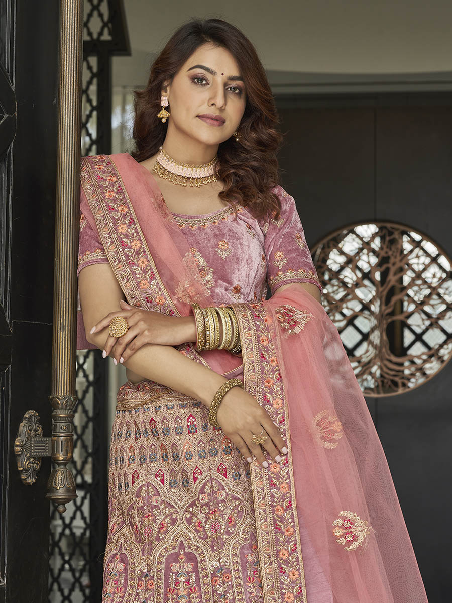 Myra Mauve Velvet Embroidered Designer Lehenga