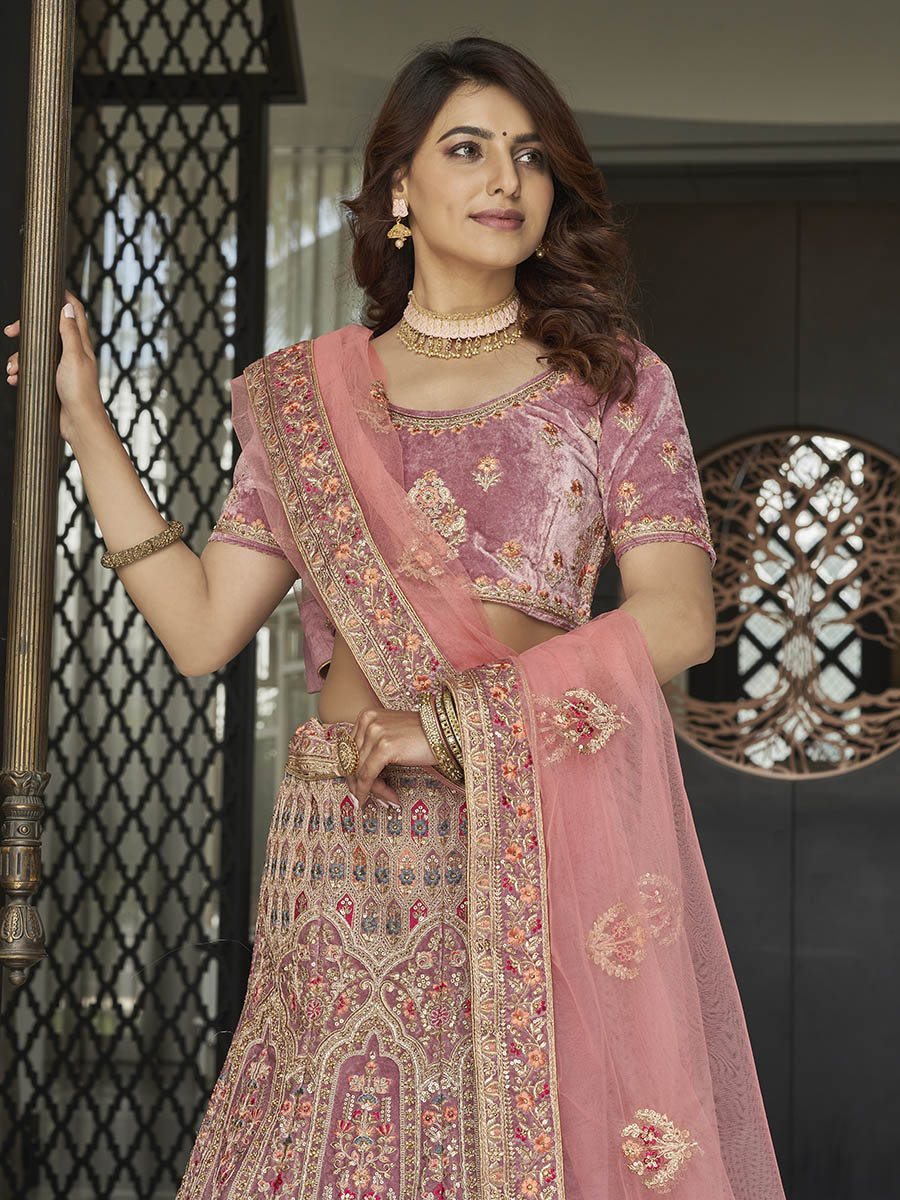 Myra Mauve Velvet Embroidered Designer Lehenga