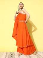 InWeave Women's Orange Oneshoulder Mirror Work Belted Kurta Set