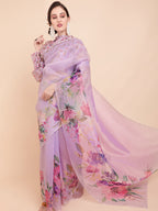 Sangria Lavender & Green Floral Organza Saree - Distacart