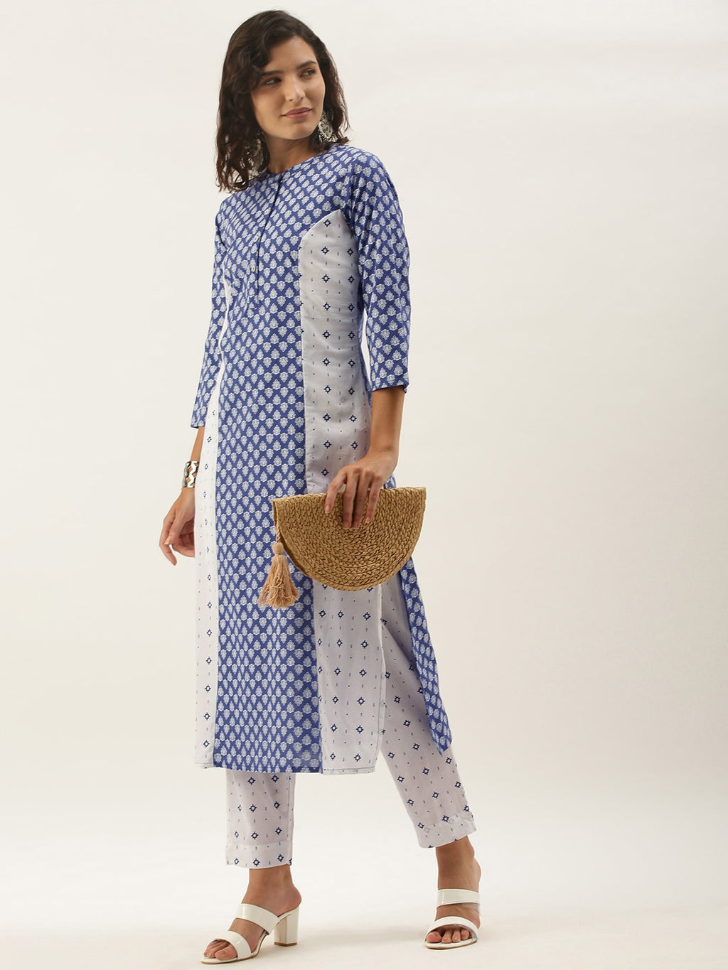 Sangria Women White Ethnic Motifs Printed Panelled Pure Cotton Kurta with Trousers