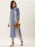 Sangria Women White Ethnic Motifs Printed Panelled Pure Cotton Kurta with Trousers