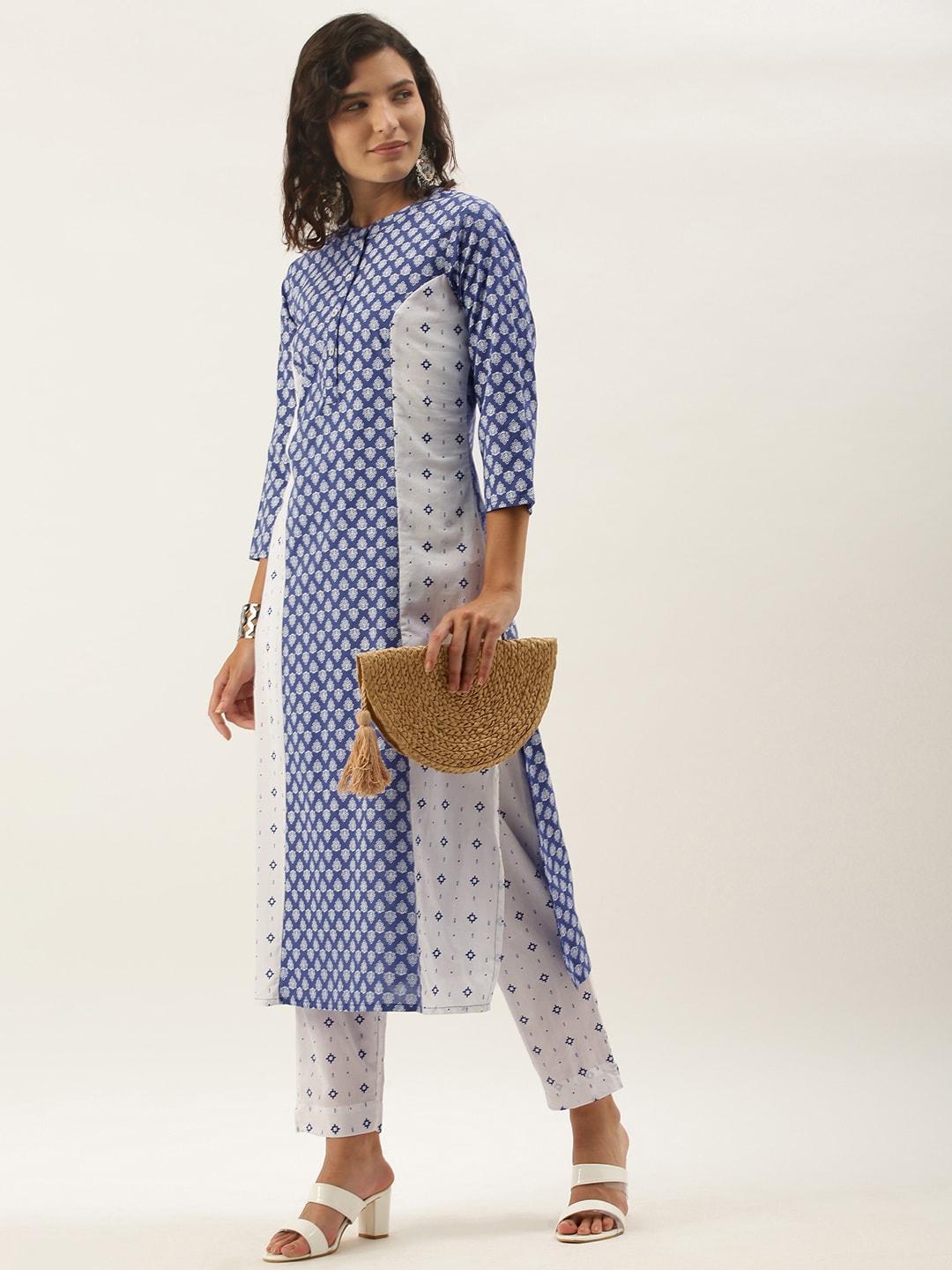 Sangria Women White Ethnic Motifs Printed Panelled Pure Cotton Kurta with Trousers