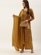 All About You Women Brown Floral Print Straight Cotton Kurta with Palazzos & Dupatta
