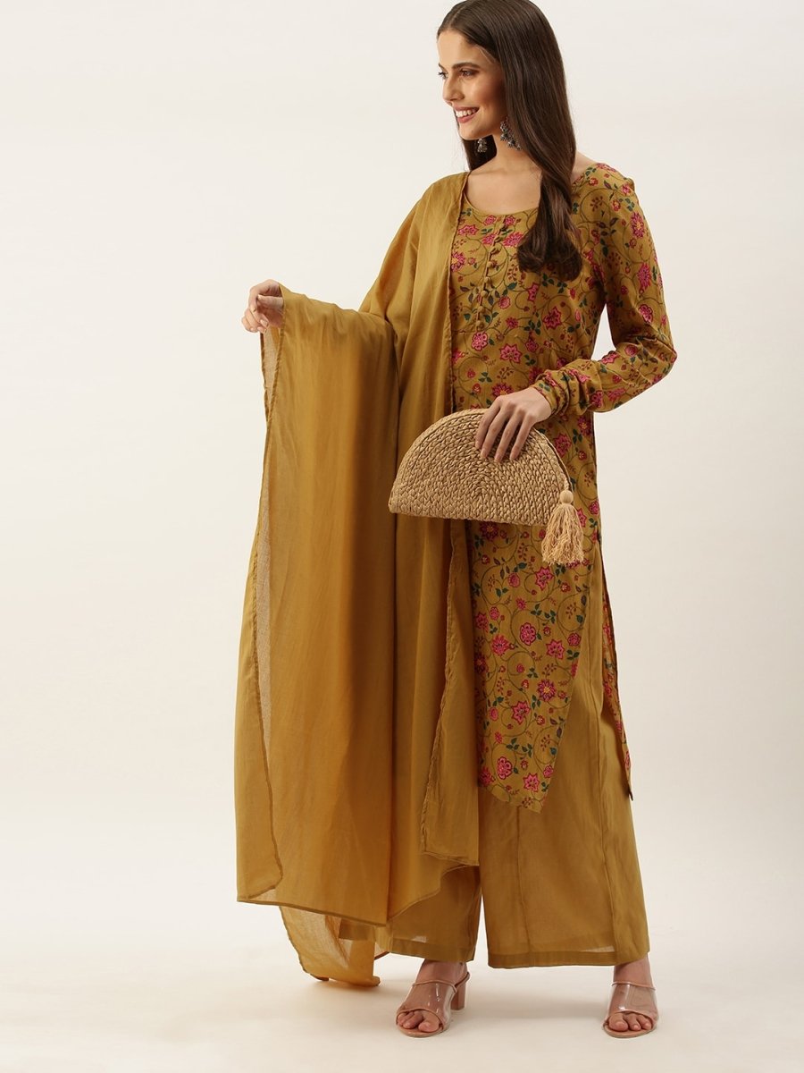 All About You Women Brown Floral Print Straight Cotton Kurta with Palazzos & Dupatta