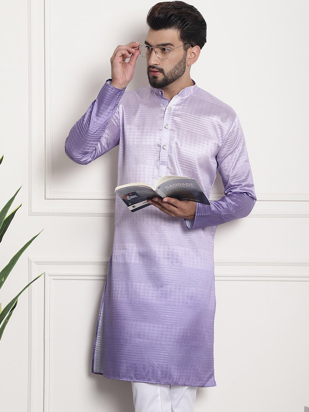 Sojanya Woven Design Mandarin Collar Silk Cotton Kurta