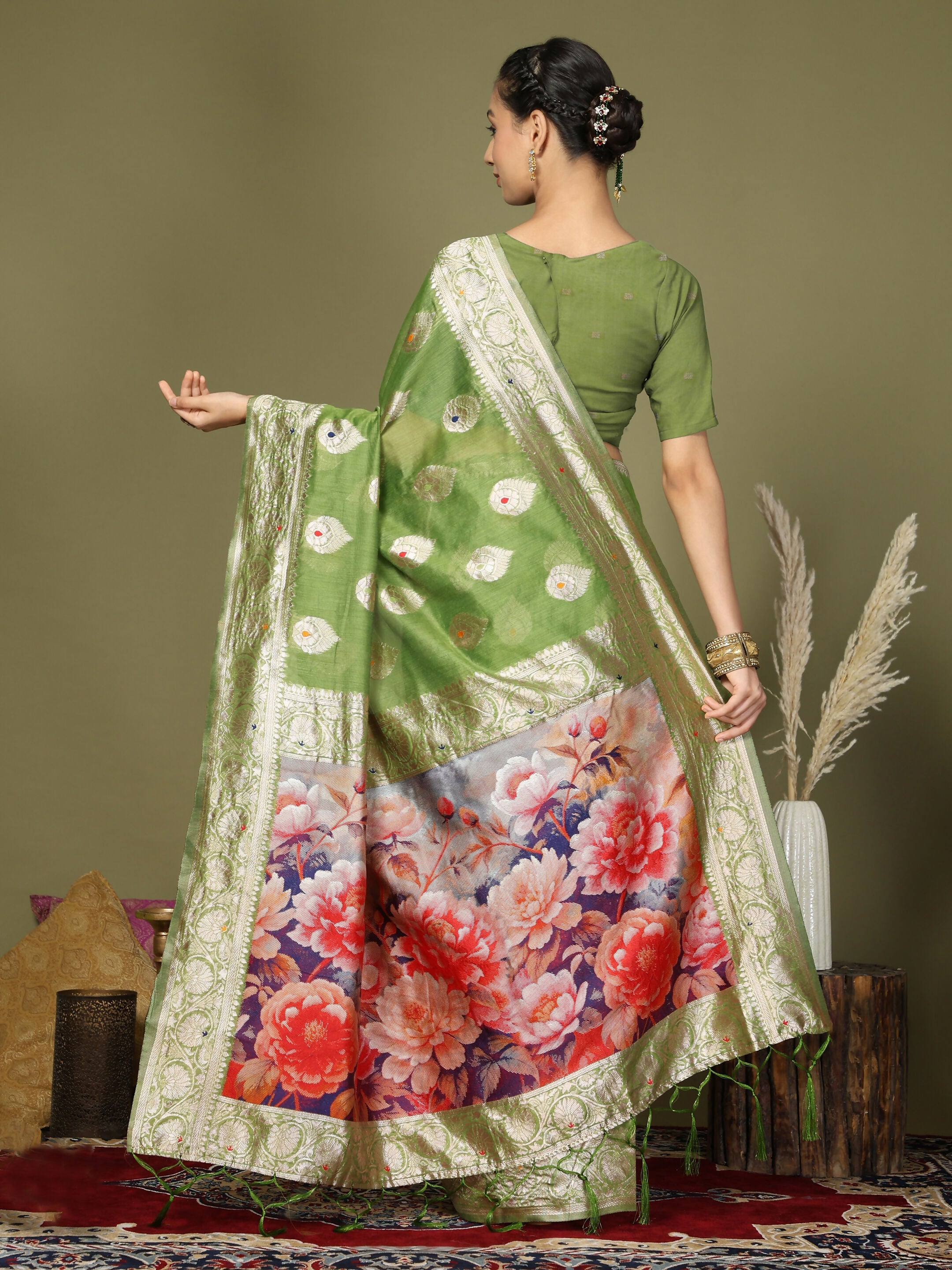 Shree Shyam Fashion Linen Cotton Green Saree - Distacart