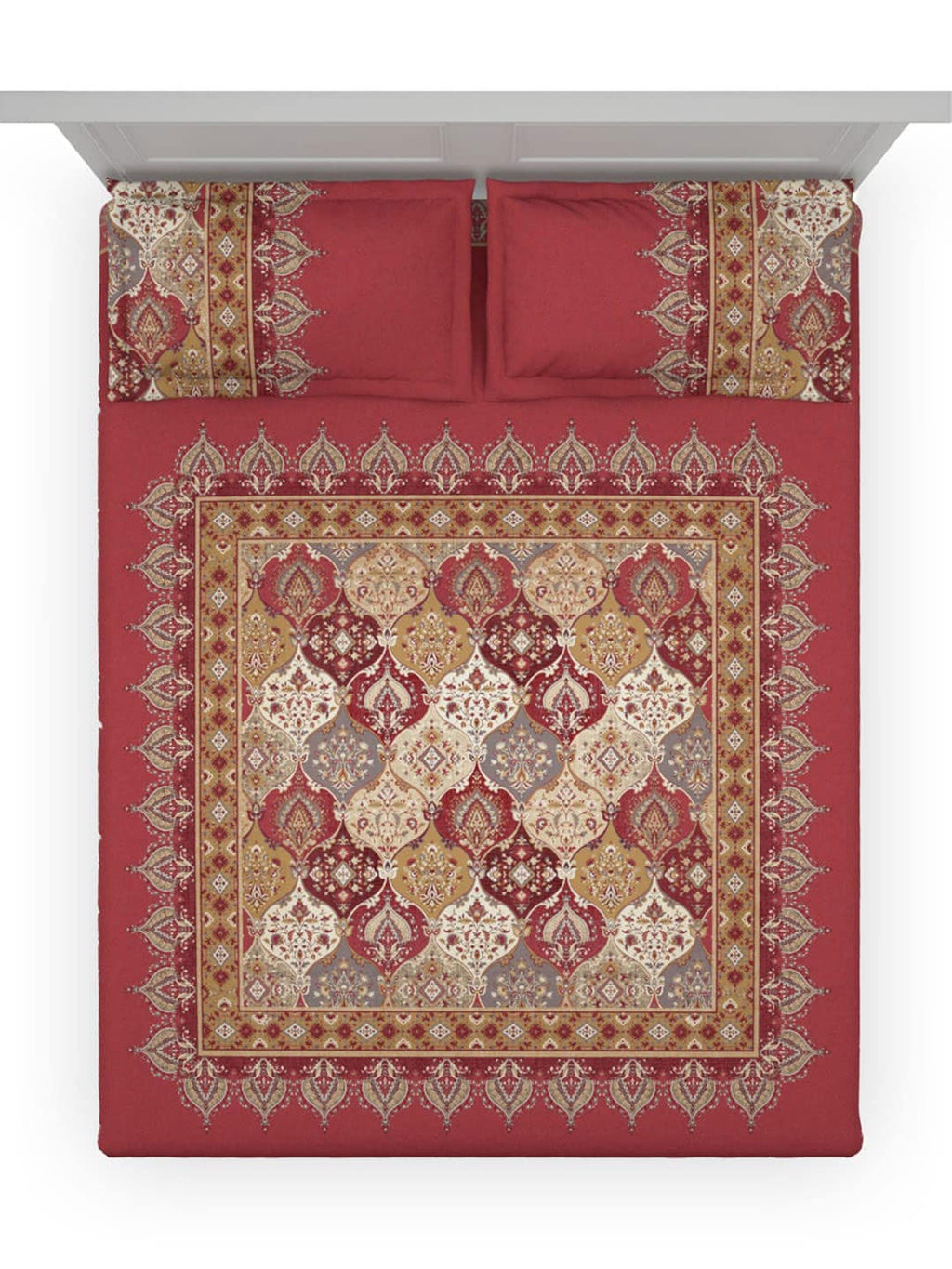 DDecor Red & White Ethnic Motifs Cotton 140 TC King Bedsheet with 2 Pillow Covers