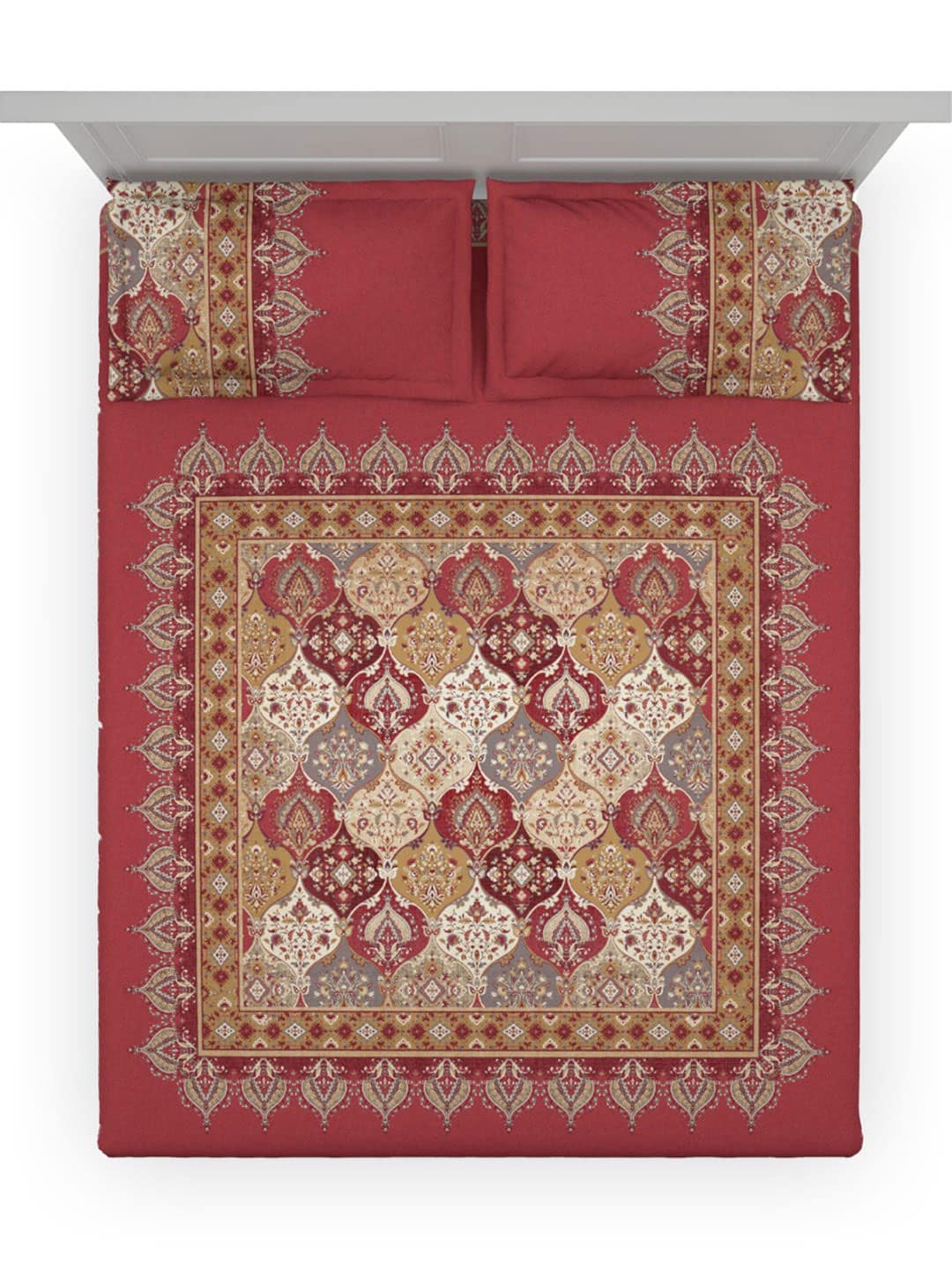 DDecor Red & White Ethnic Motifs Cotton 140 TC King Bedsheet with 2 Pillow Covers