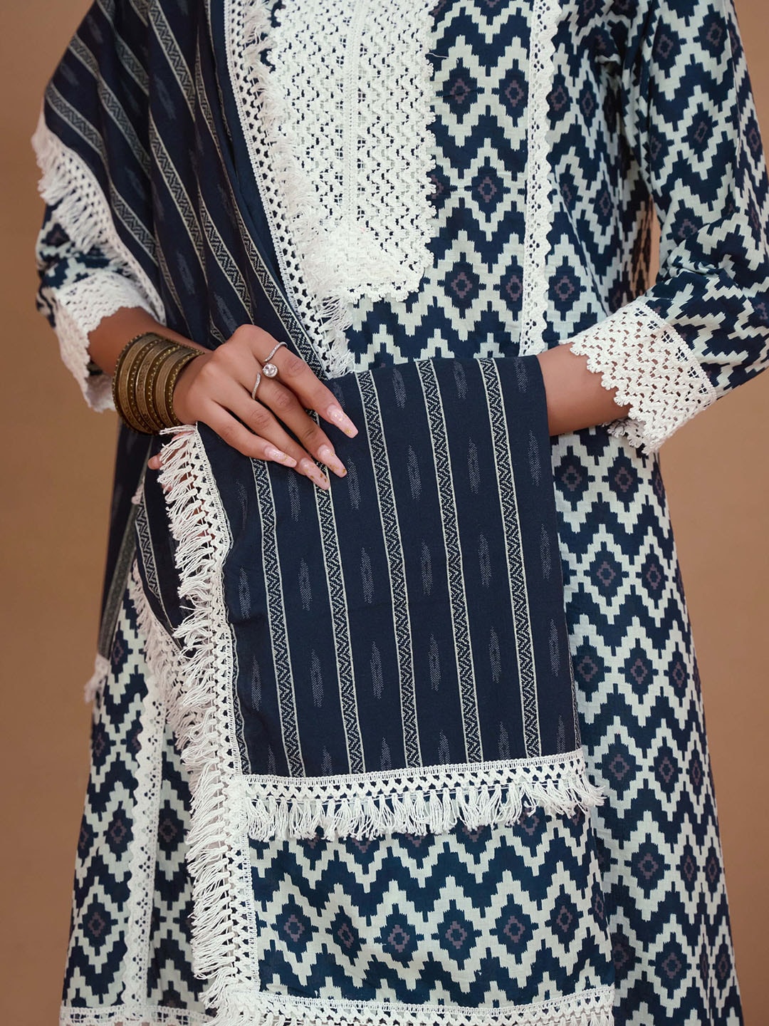 Sangria Navy Blue & White Geometric Printed Pure Cotton Kurta With Palazzos & Dupatta