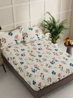 BIANCA LA-VOGUE Beige & Green Floral 152 TC Queen Bedsheet With 2 Pillow Covers