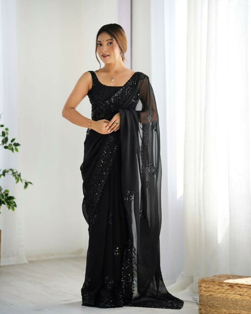 Attractive Looking Georgette Thread, Sequance Embroidery Work Party Wear Saree - Black