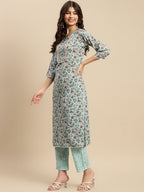 Sangria Sea Green & Brown Floral Printed Pure-Cotton Straight Kurta With Trouser & Dupatta