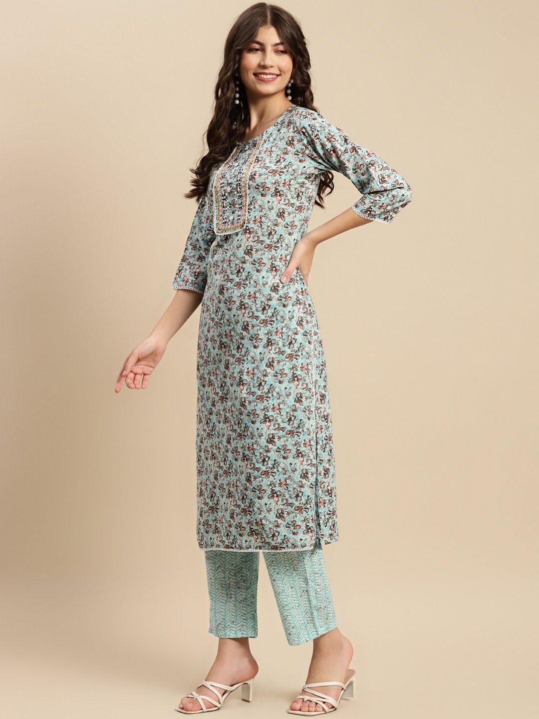 Sangria Sea Green & Brown Floral Printed Pure-Cotton Straight Kurta With Trouser & Dupatta
