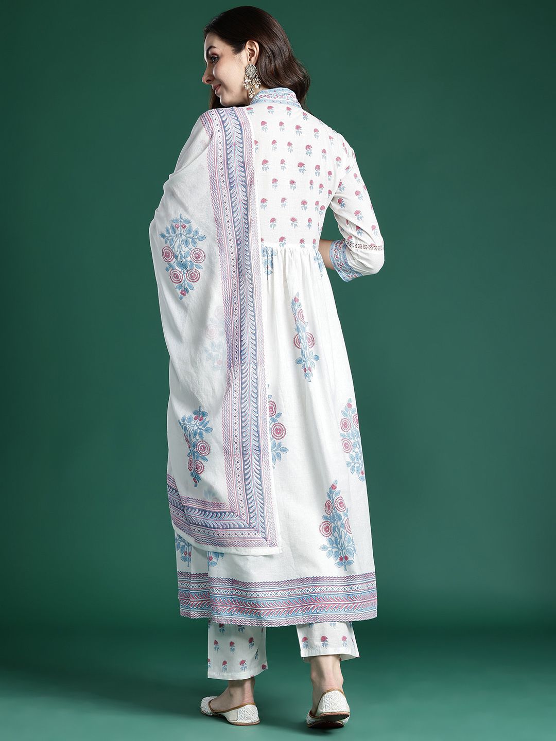 Indo Era Floral Printed Pure Cotton Kurta with Trousers & Dupatta - Distacart