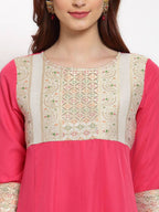 Myshka Women's Pink Solid Rayon 3/4 Sleeve Round Neck Casual Anarkali Kurta Dupatta Set