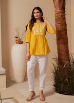 Juniper Mustard Striped Cotton Tunic With Thread Work And Button Detailing