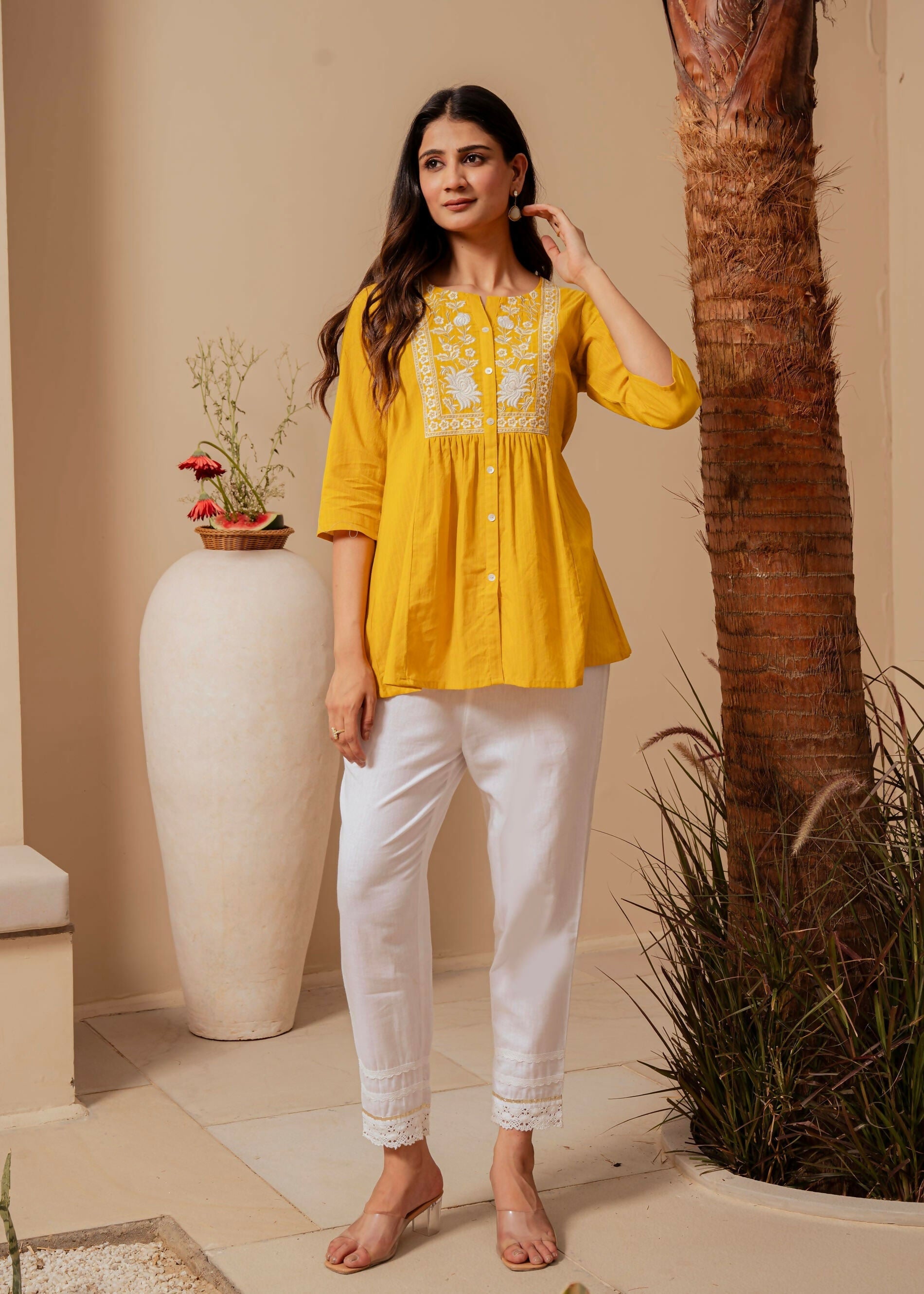 Juniper Mustard Striped Cotton Tunic With Thread Work And Button Detailing