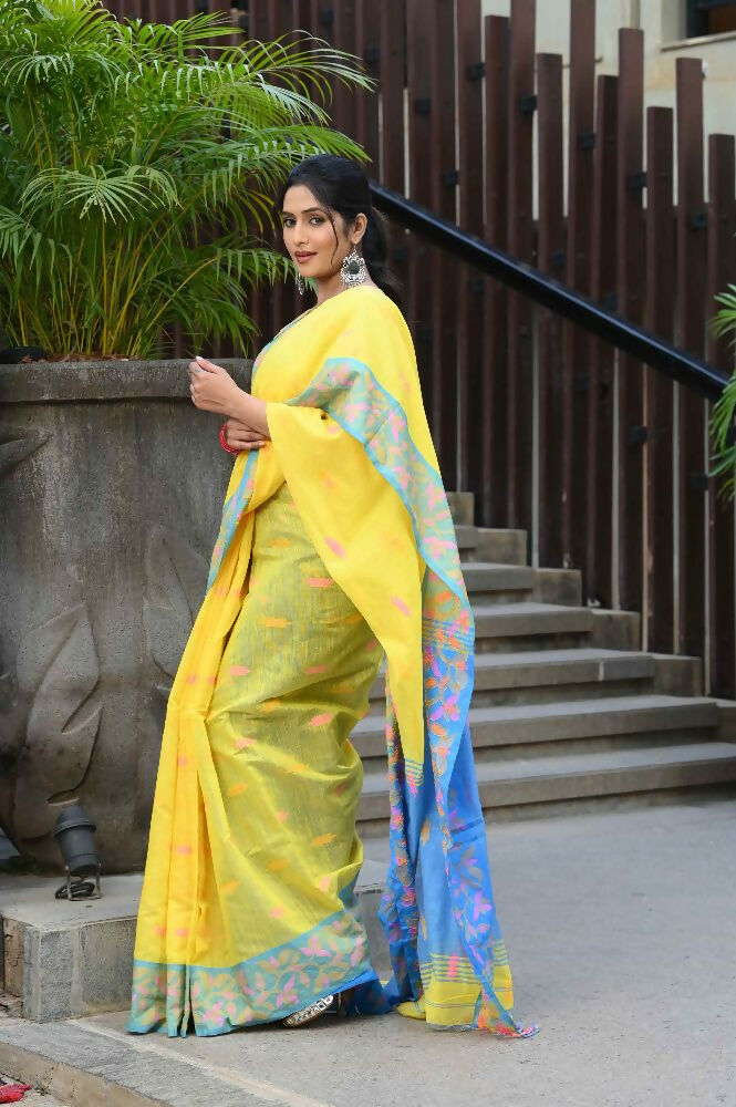 Beatitude Yellow Slub Cotton Floral Jamdani Saree