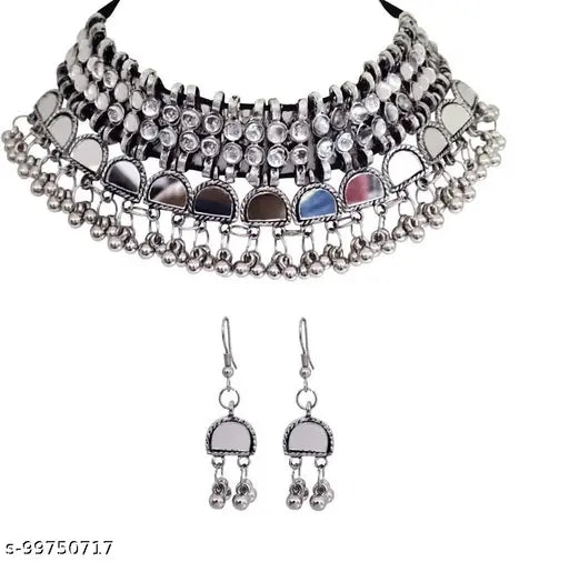 Tehzeeb Creations Women's Silver Plated Necklace Set With Mirror Design