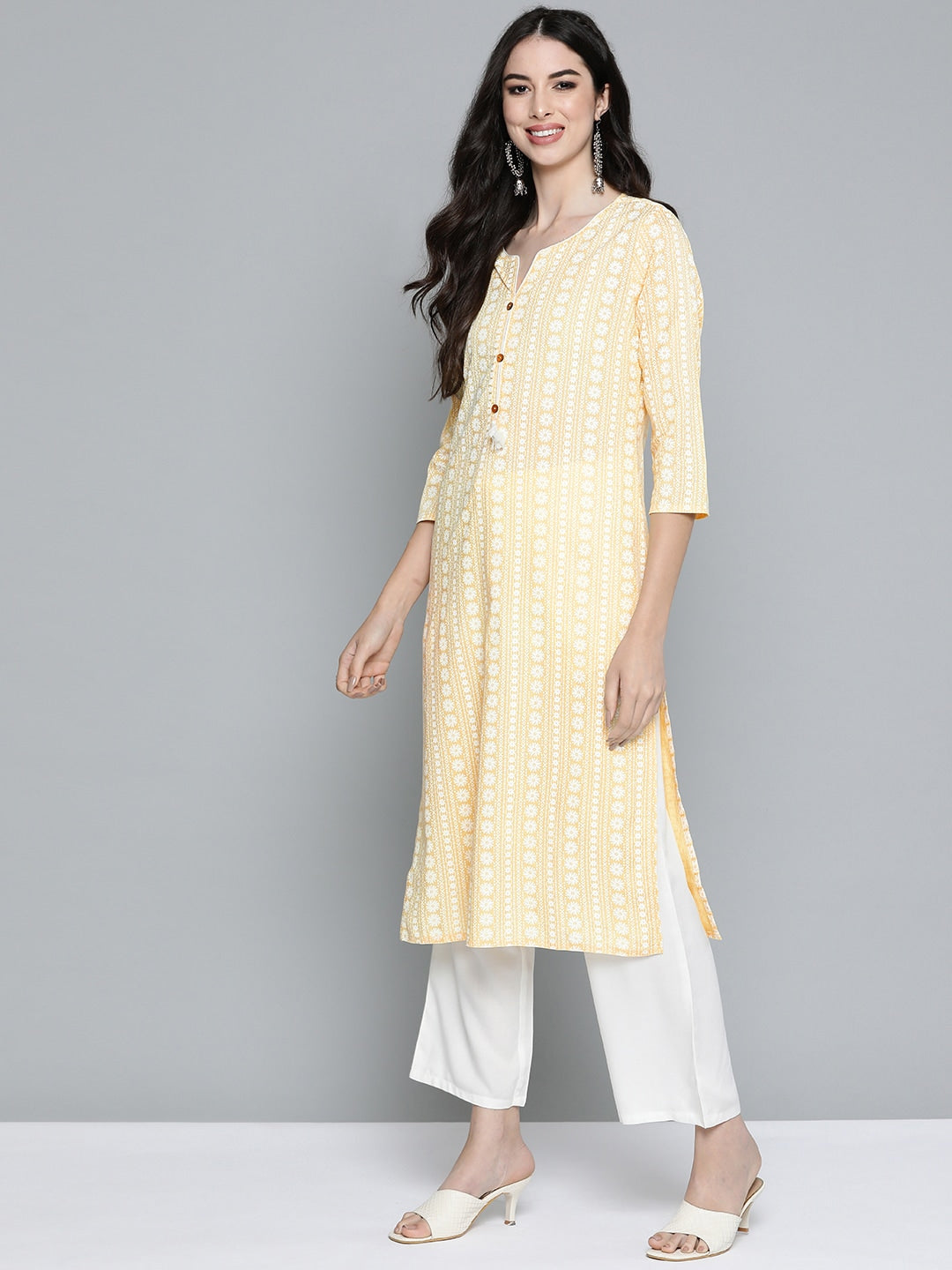 HERE&NOW Women Yellow & Off-White Printed Regular Kurta with Palazzos