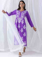 HOUSE OF KARI Floral Chikankari Embroidered Notched Round Neck Straight Kurta