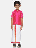Sethukrishna Pink & White Solid Shirt and Veshti Set