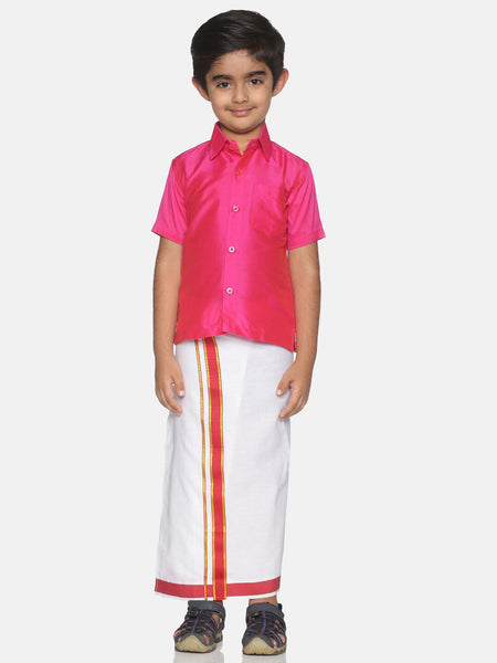 Sethukrishna Pink & White Solid Shirt and Veshti Set