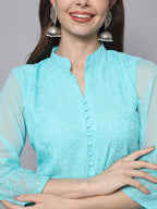 HERE&NOW Women Blue Ethnic Motifs Embroidered Thread Work Georgette Kurta