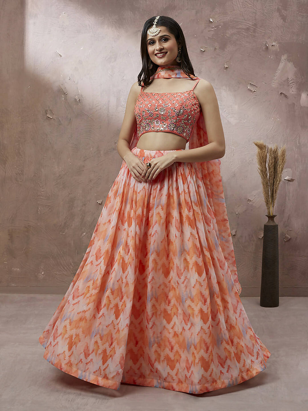 House of Panchhi Peach Organza Floral Printed Lehenga choli & Dupatta