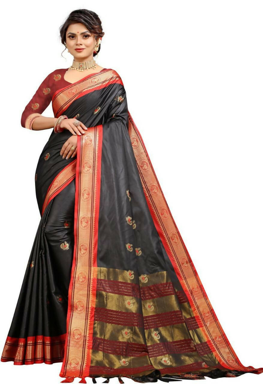DEIANA'S Beautiful Designer Golden zari Soft Lichi Silk Saree - Black